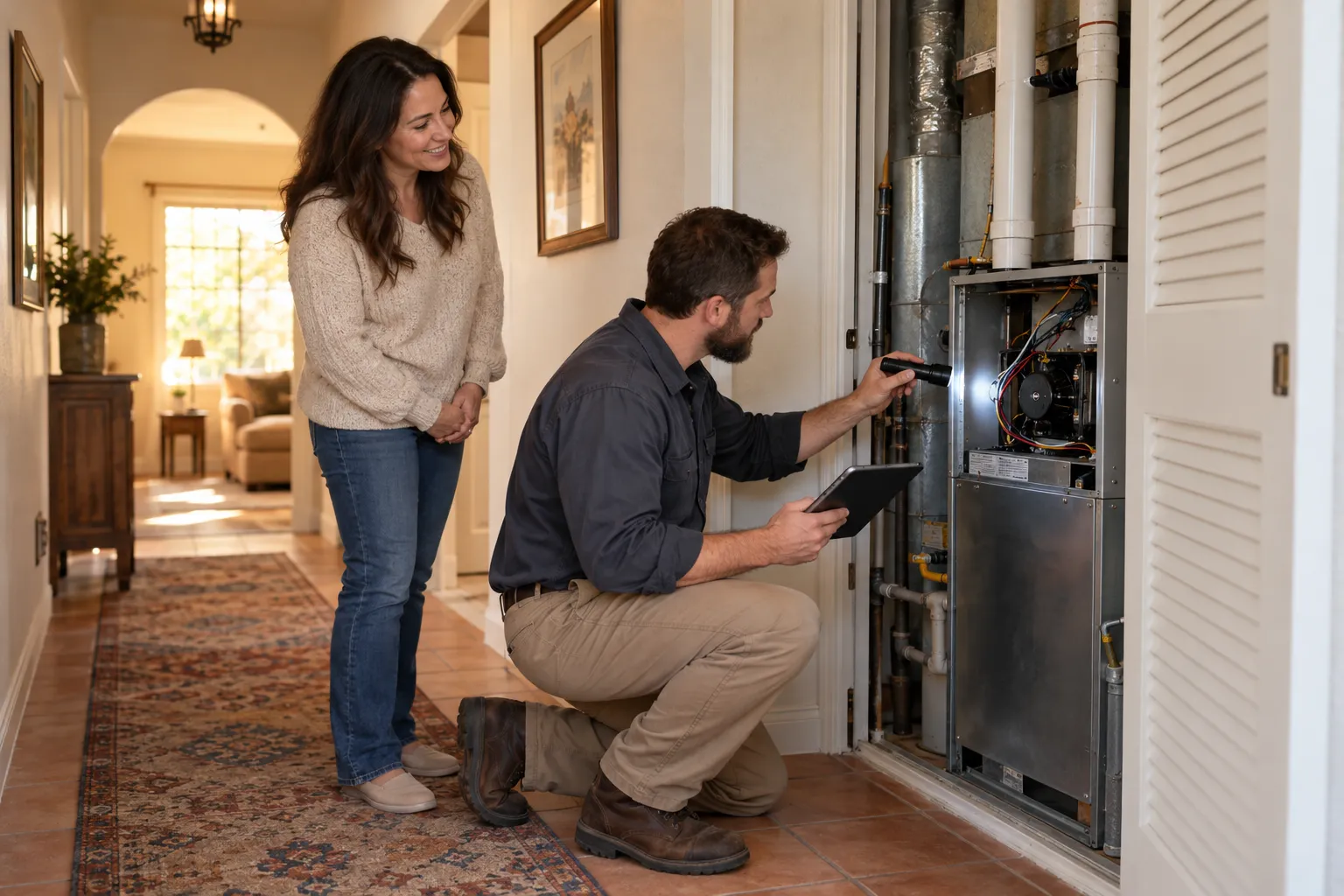 A friendly independent provider inspecting a furnace in a hallway closet of a home in the Roseville area